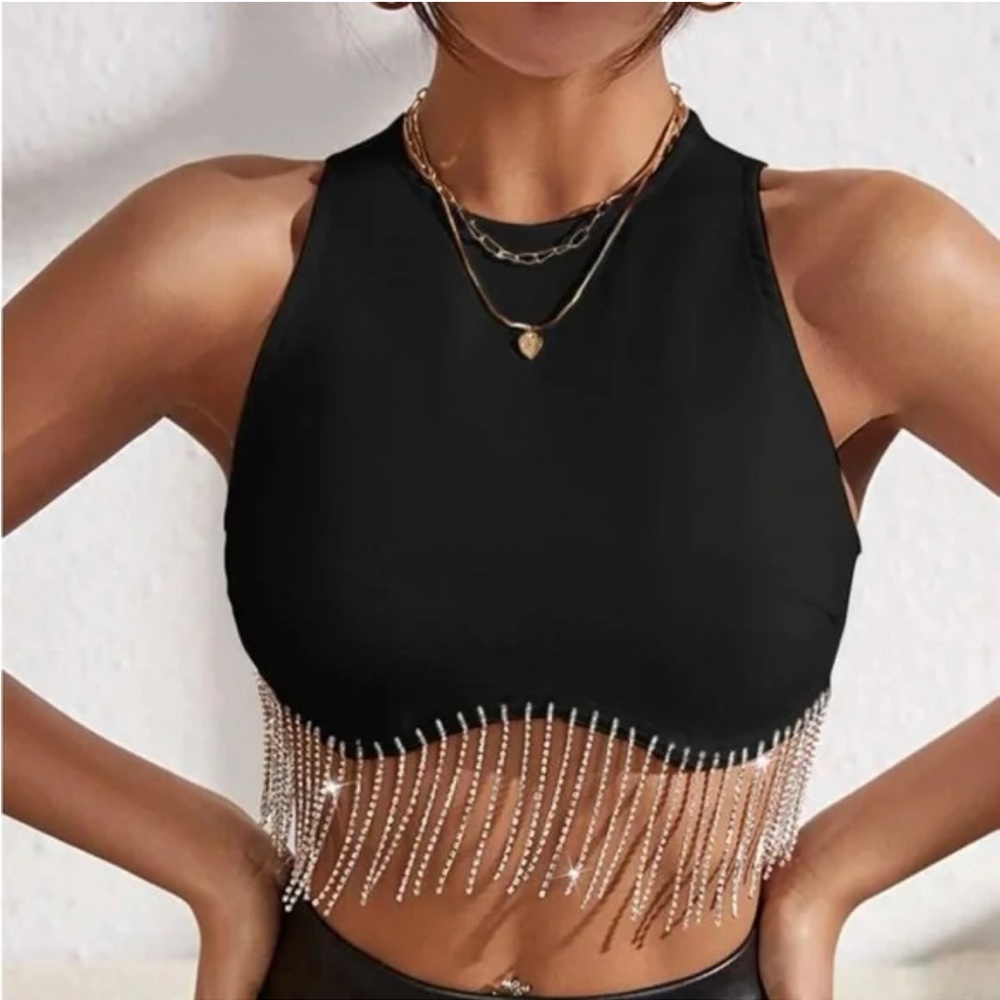 SHEIN BLACK BLING FRINGE SLEEVELESS TOP SIZE 8-10